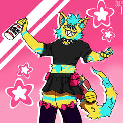 Chip posing with bottle in hand (Full-Body, with a background resembling the Boom Boom Boom meme)