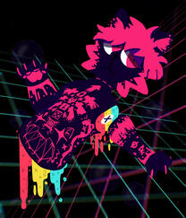 Chop floating in void with limbs detached with cartoon gore (Half-Body with simple stylized grid background)