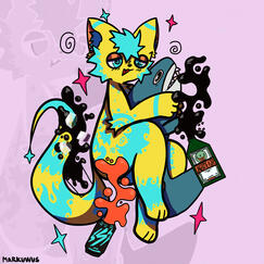Chip Cuddling a Blahaj, while surrounded by various drinks (Full-Body with simple background of the art fading in)